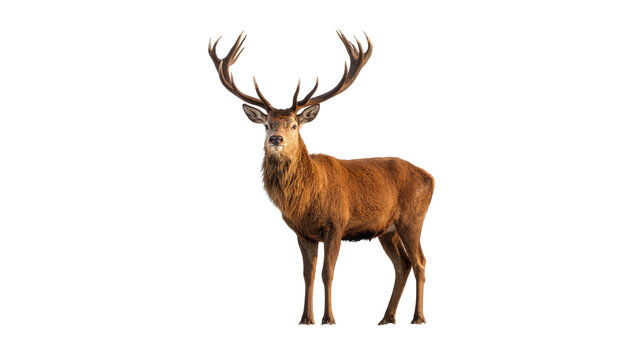 Isolated majestic red deer stag with impressive antlers standing gracefully on its own