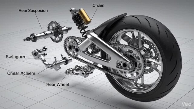Detailed 3D illustration showing the rear suspension and drivetrain components of a motorcycle, including the chain, swingarm, and rear wheel.