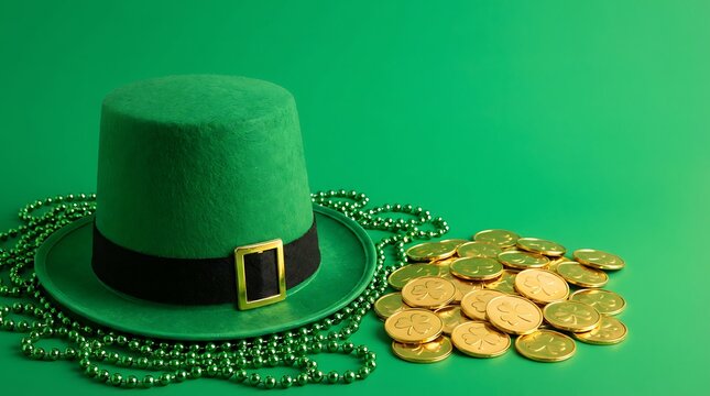 Bright green leprechaun hat with gold coins and emerald beads for Saint Patricks Day celebration and Irish holiday traditions luck and fortune concept