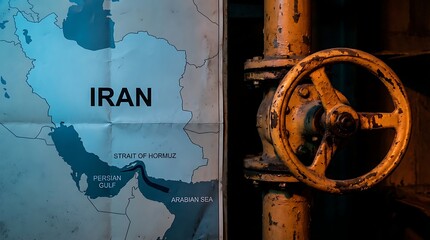 World map showing Iran and Strait of Hormuz with industrial pipe and valve symbolizing energy supply control and global trade routes concept