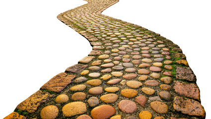 Isolated winding pathway of natural stones and pebbles, rustic ancient road texture © Fried