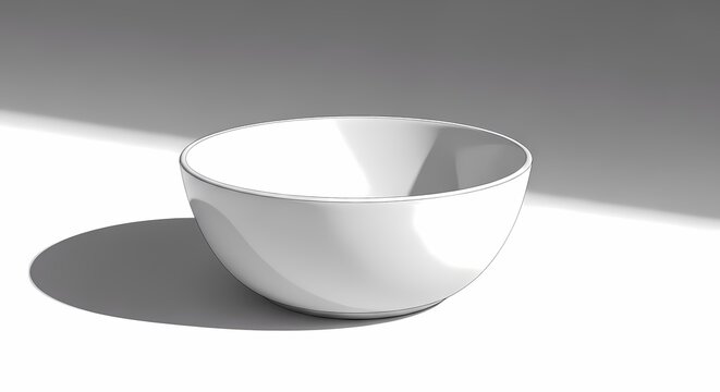 Minimalist white ceramic bowl on white surface with dramatic shadow