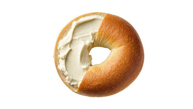 Isolated fresh baked bagel with delicious cream cheese spread, perfect for breakfast