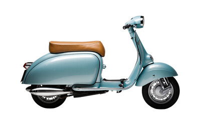 Isolated light blue classic vintage style scooter with brown leather seat on a clean studio shot © Fried