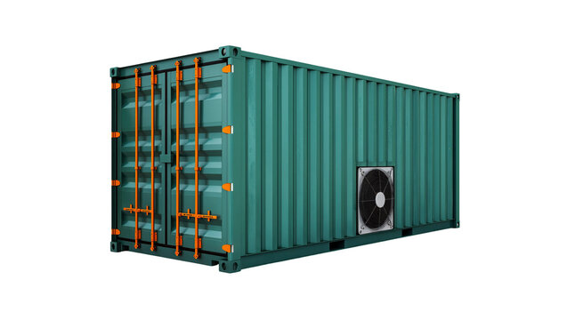 Isolated green refrigerated shipping container with air conditioning unit for transport