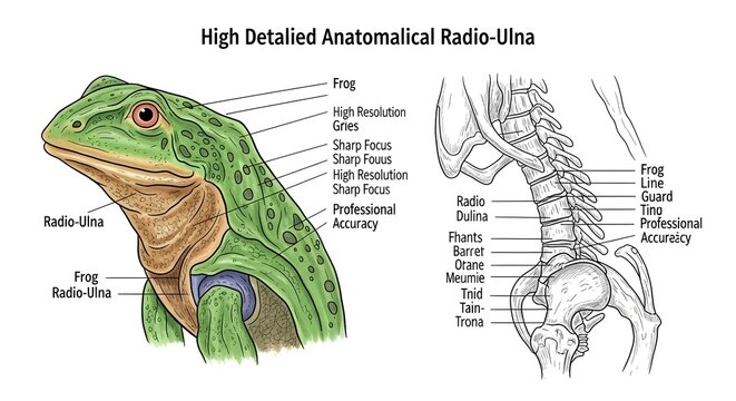 High detailed anatomical radio&ndash;ulna illustration showing close lateral portrait of green frog forelimb with highlighted radio&ndash;ulna plus full skeletal view of pectoral girdle, humerus and forearm bones
