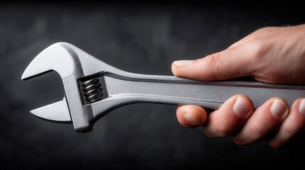 Obraz premium Close-up of a hand holding an adjustable wrench against a dark, textured background