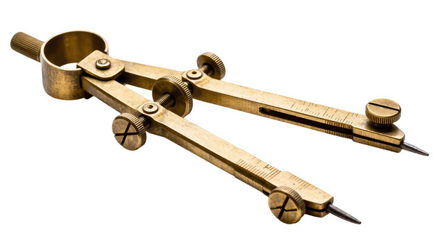 Isolated elegant antique brass proportional divider, vintage precision measuring drawing tool