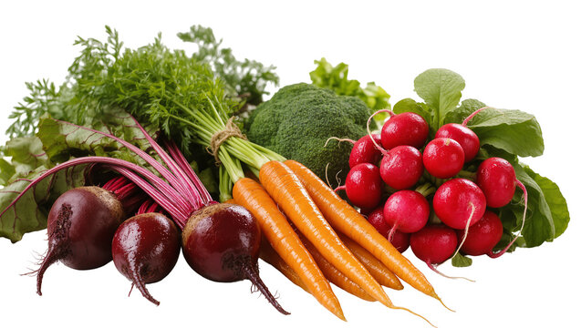 Isolated fresh raw organic vegetables assortment with beets, carrots, broccoli, and radishes.