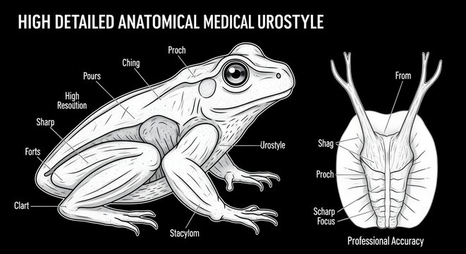 High detailed anatomical medical urostyle illustration showing lateral view of frog body with labeled regions and enlarged dorsal skeletal view emphasizing urostyle bone, sacral vertebrae and pelvic g