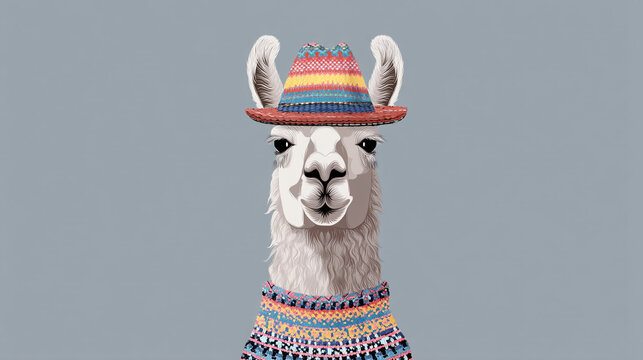 A llama wearing a colorful sombrero and poncho illustration