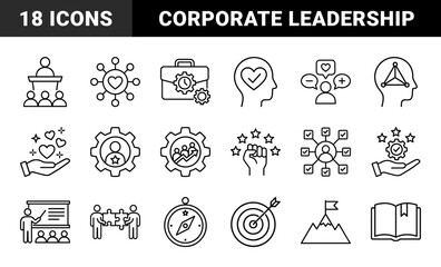 Fototapeta premium Business and leadership line icon set. Vector pictograms of teamwork, strategy, planning, coaching, goals, puzzles, and management, thin outline illustration.