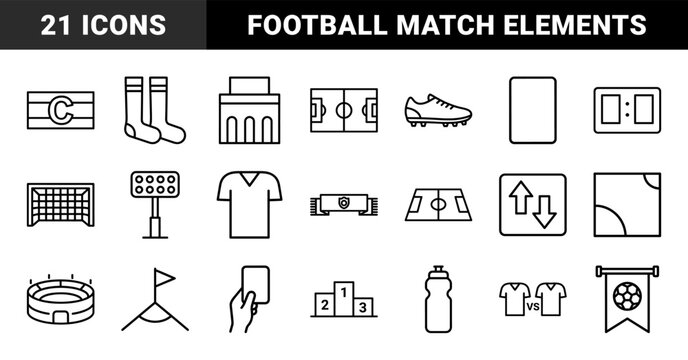 Soccer and football line icon set. Vector pictograms of stadium, jersey, cleats, goal, scoreboard, corner flag, and referee cards, thin outline illustration.