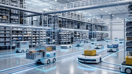 첨단 기술로 자동화된 대규모 스마트 창고에서 물류를 운반하는 자율 이동 로봇들.