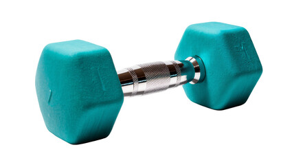 Isolated teal hexagonal dumbbell with metal handle for fitness and strength training equipment