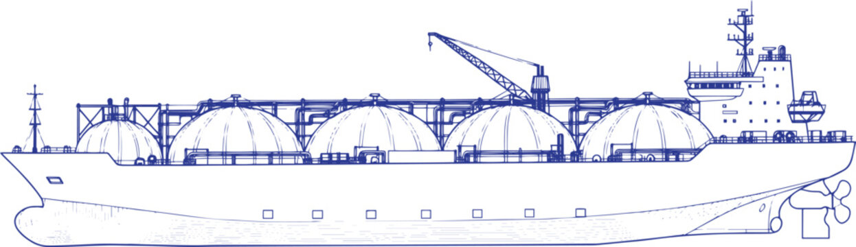 LNG Tanker Ship Line Art Illustration &ndash; Liquefied Natural Gas Carrier with Spherical Storage Tanks, Maritime Energy Transport Vessel, Industrial Shipping Cargo Ship Vector, LNG Transport Ship Outline 