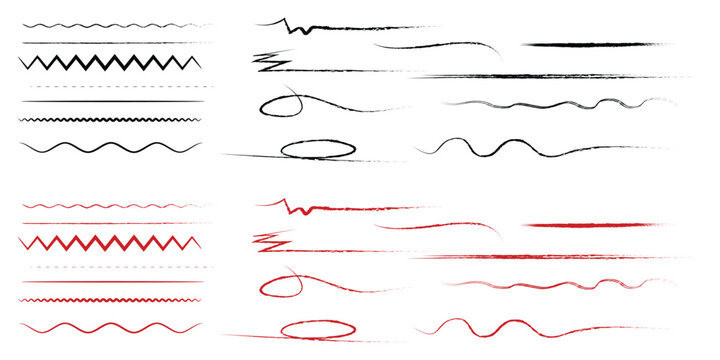 Underline Hand Drawn Doodle Brush Lines  Vector Set, Black and Red Wavy Zigzag Dashed Swirl Grunge Marker Underline Strokes for Highlight, Annotation, Infographic and Presentation Design.