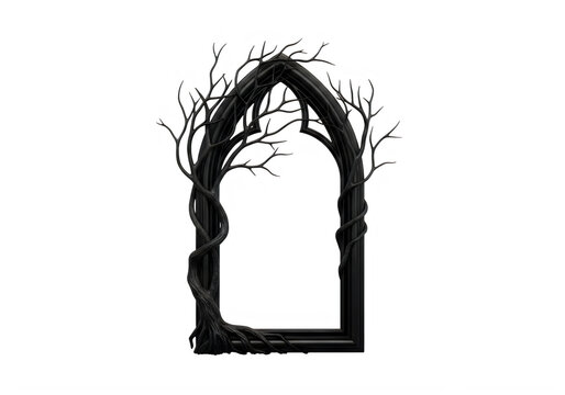 A gothic archway with bare tree branches isolated on transparent background