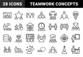 Fototapeta premium Business teamwork and leadership line icon set. Vector pictograms of trophies, lightbulbs, gears, climbing, strategy, and collaboration, thin outline illustration.