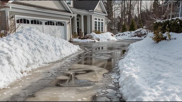 Winter Snow and Ice Melt on Driveway in Suburban Neighborhood, Showing Changes From Morning to Afternoon in One Sunny Day