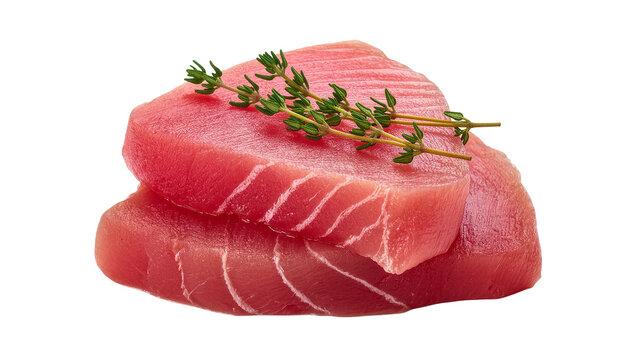 Isolated fresh raw tuna fish steaks with aromatic green thyme, gourmet seafood ready to cook