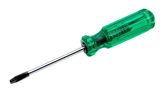 Isolated metallic screwdriver with translucent green plastic handle, essential household and construction tool.