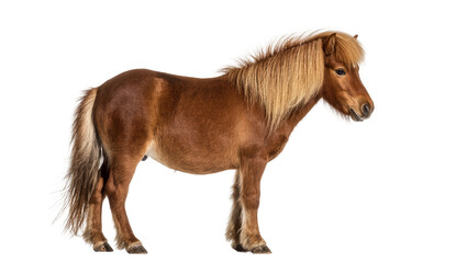Isolated brown Icelandic horse standing in profile with long mane and tail © Vetle
