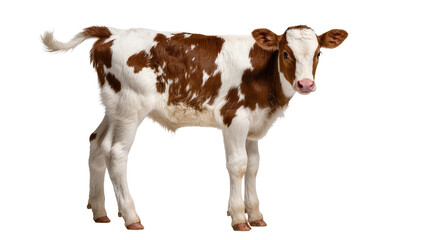 Isolated young calf standing, looking at camera with cute expression, farm animal © Femke