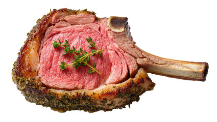 Isolated gourmet cooked lamb chop seasoned with herbs, showing juicy medium-rare tender meat. © Femke