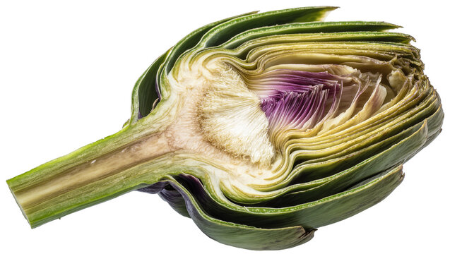 Isolated fresh raw artichoke half showing its vibrant green and purple edible interior