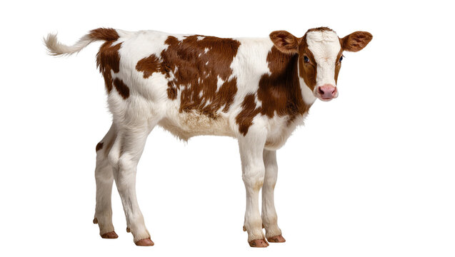 Isolated young calf standing, looking at camera with cute expression, farm animal