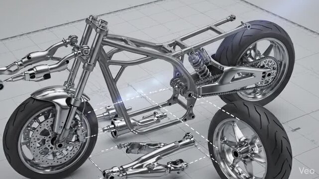 Detailed 3D rendering of a motorcycle frame and components, showcasing engineering and mechanics.