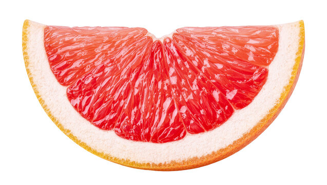 Isolated fresh and juicy vibrant pink grapefruit slice. Healthy summer citrus fruit