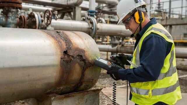 Inspector examining external corrosion on bare process piping using ultrasonic thickness gauge to assess metal integrity and identify potential weak spots during routine
