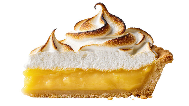 Isolated delectable slice of fresh lemon meringue pie with perfectly toasted meringue topping