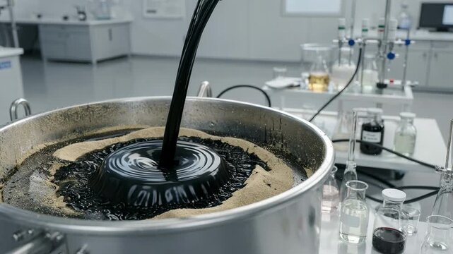 Medium shot capturing specialty coal tar binder blending with additives illustrating customized formulation for advanced batterygrade applications.