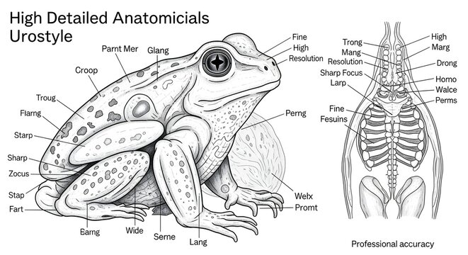 High detailed anatomical frog urostyle illustration showing external spotted body with labeled surface regions and accompanying dorsal skeletal view emphasizing urostyle, vertebrae and limb girdles fo