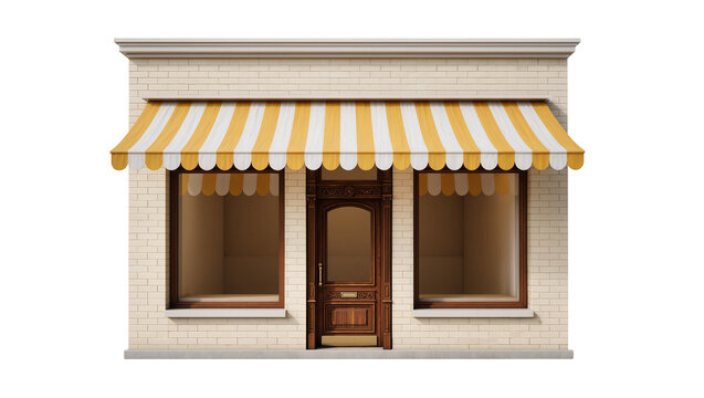 Isolated traditional shop facade with yellow striped awning, classic wooden door, and large windows.