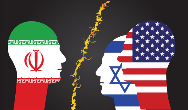 Illustration of us , Israel and Iran war depicting head of man with countries flag 