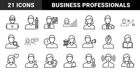 Fototapeta premium Human resources line icon set. Vector pictograms of employee, chart, laptop, calendar, strategy, research, communication, leader, and health, thin outline illustration.