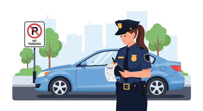 Police officer issuing traffic ticket beside parked vehicle on city street in modern flat solid color vector illustration style