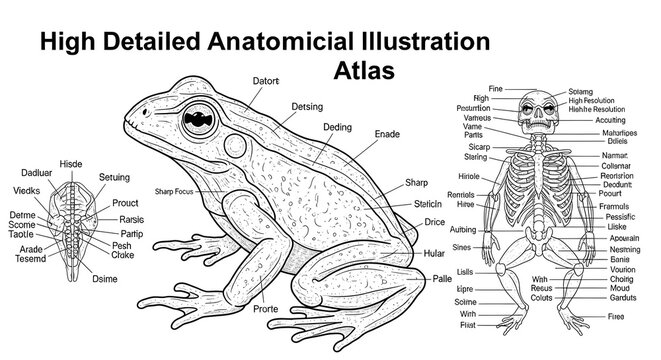 High detailed frog anatomical illustration atlas showing external body features, labeled skeletal system and internal organ arrangement for comprehensive amphibian morphology, zoology dissection refer