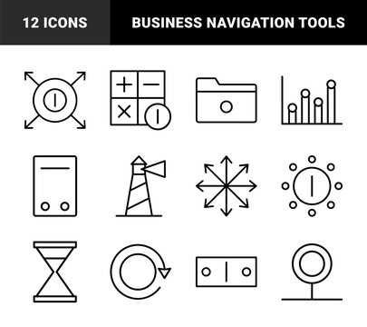 Universal business and interface line icon set. Vector pictograms of folder, calculator, chart, lighthouse, hourglass, and directional arrows, thin outline illustration.