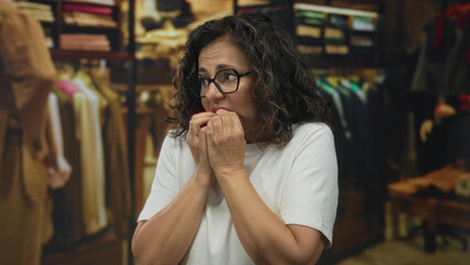 Middle age hispanic woman visibly biting her nails inside clothing store while wearing glasses;...