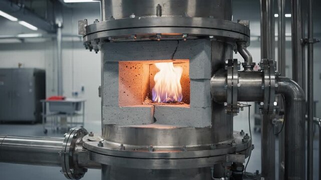 Medium shot focusing on a pilotscale carbon black reactor showing controlled flames and compact refractory lining as the system undergoes lowvolume testing.