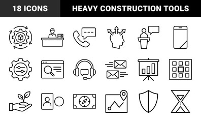 Fototapeta premium Industrial manufacturing and construction icon set. Vector pictograms of crane, factory, tools, hardhat, gear, and truck, thin outline illustration.