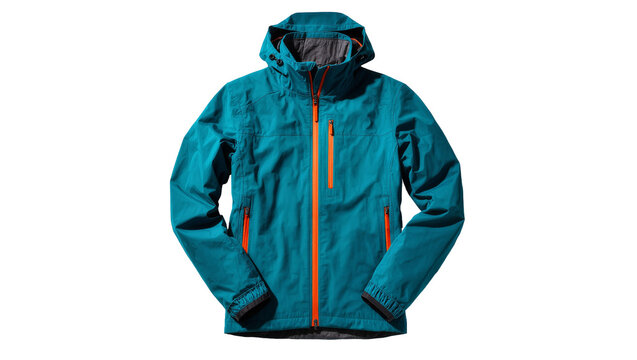 Isolated men's or unisex teal hooded jacket with orange zippers for active lifestyle