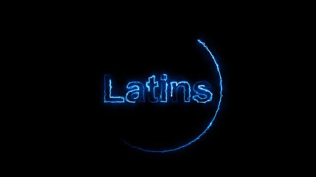 Neon blue latins text glowing inside curved arc on dark animated background, Digital typography concept representing futuristic display and modern lettering design.