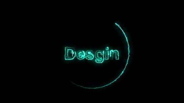 Cyan neon design text glowing inside curved arc on dark animated background, Digital typography concept representing creative branding and modern lettering style.