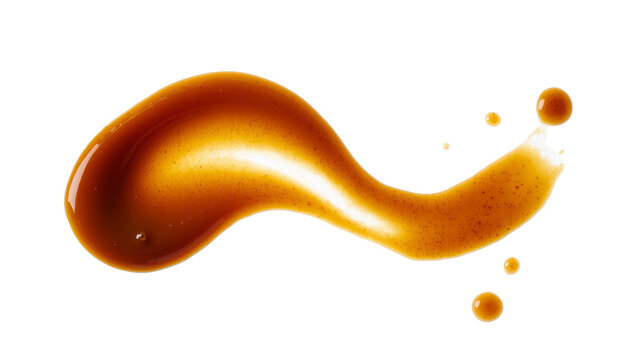 Isolated caramel sauce swirl with drops, sweet dessert topping, delicious golden syrup smear